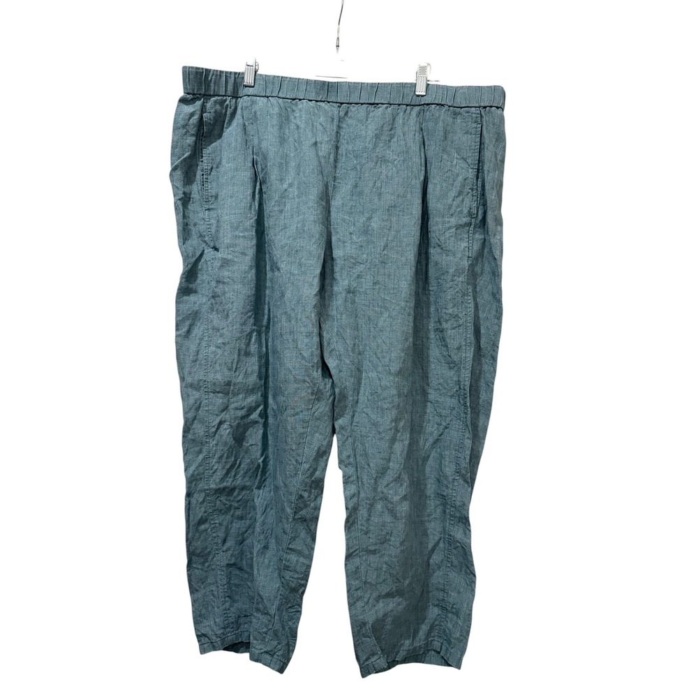 Eileen Fisher Womens 2X Organic Linen Tapered Pants Teal Blue Elastic Waist